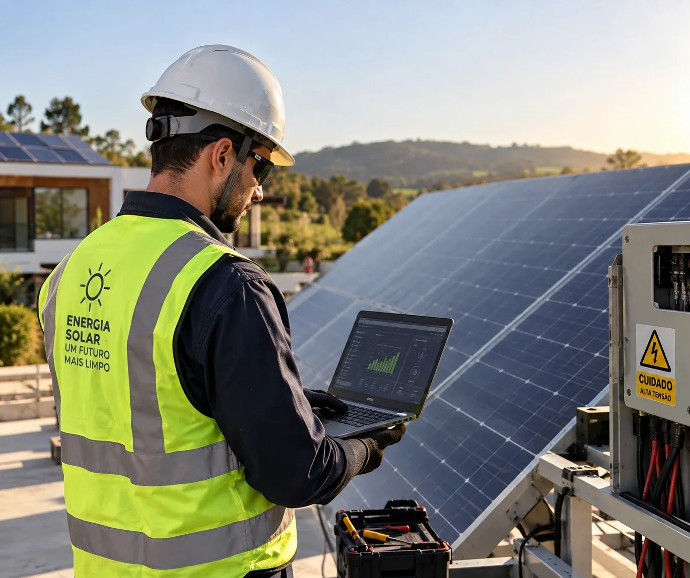 Técnico de capacete e colete acompanhando o desempenho de painéis solares em um notebook
